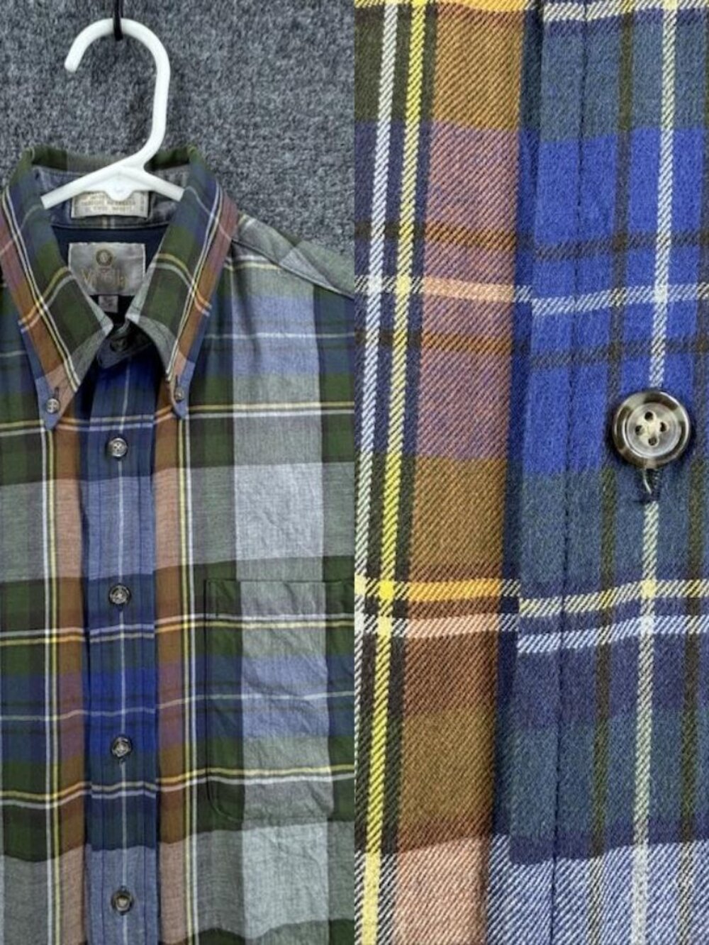 Viyella Button-Down Men Blue Green Small Plaid Canada Pocket Heritage Shirt